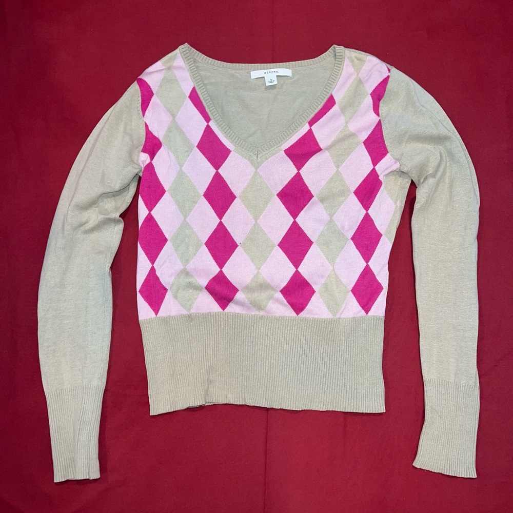 Cropped Tan and Pink Argyle Merona Sweater
